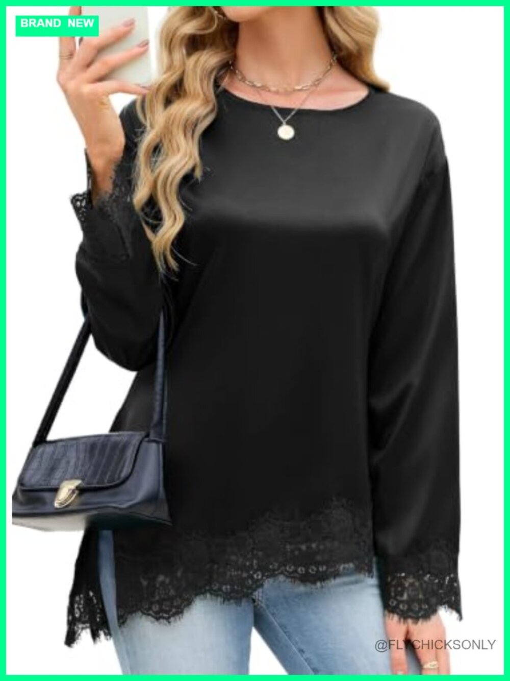 Lace Cuff Long Sleeve Satin Blouse Asymmetrical High Low Top